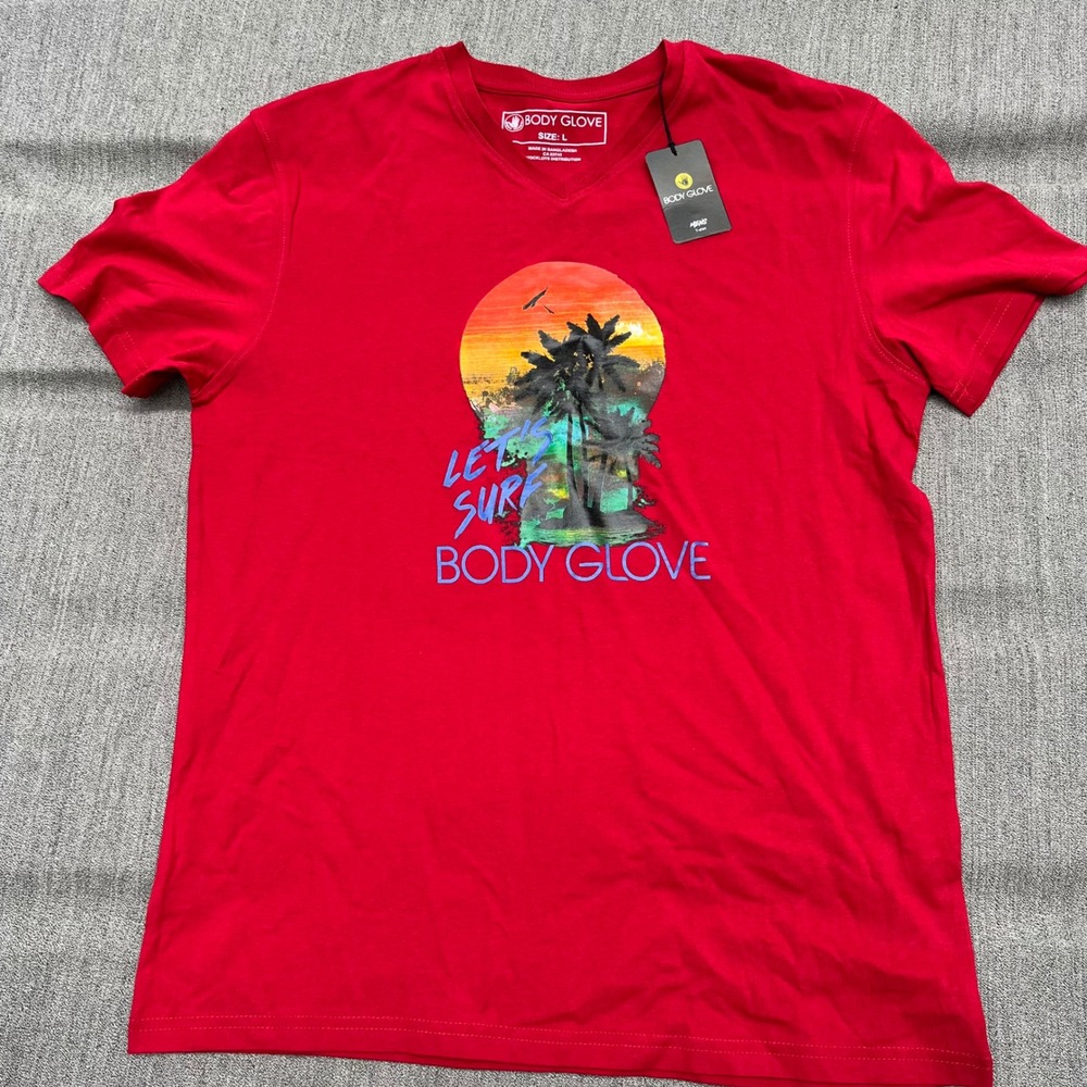 Body Glove Mens Red Lets Surf Graphic V-Neck T-Shirt BG5052 Large NWT